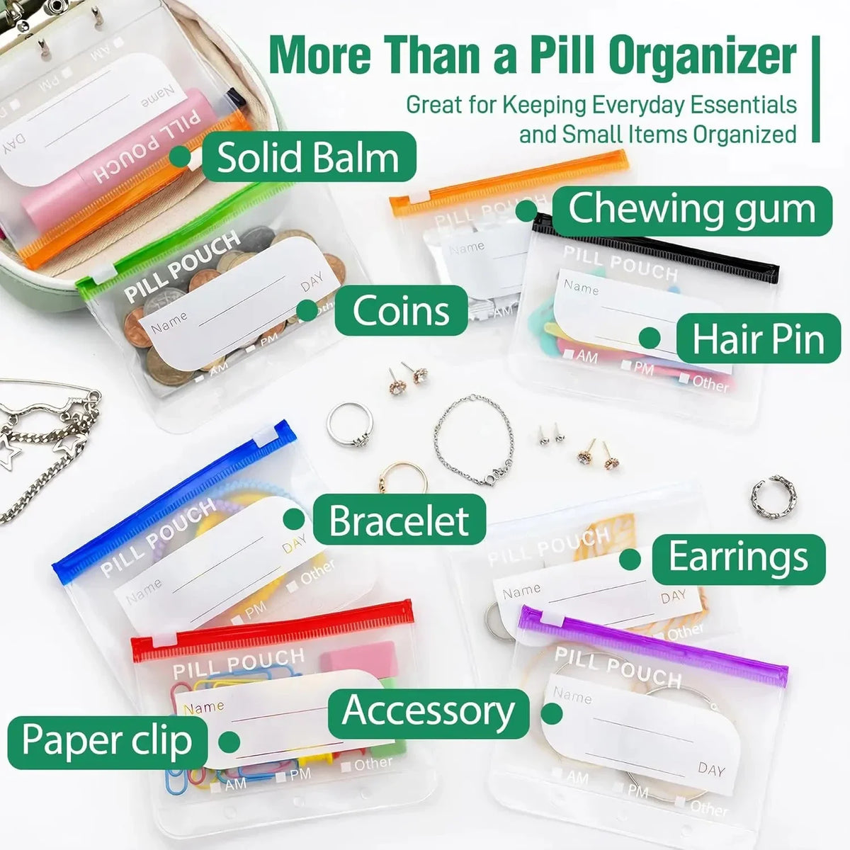 A collection of pill organizers and accessories including solid balm, chewing gum, coins, hair pins, a bracelet, and earrings