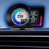 A black multifunction LCD instrument display showing speed, clock, RPM, and voltage readings.