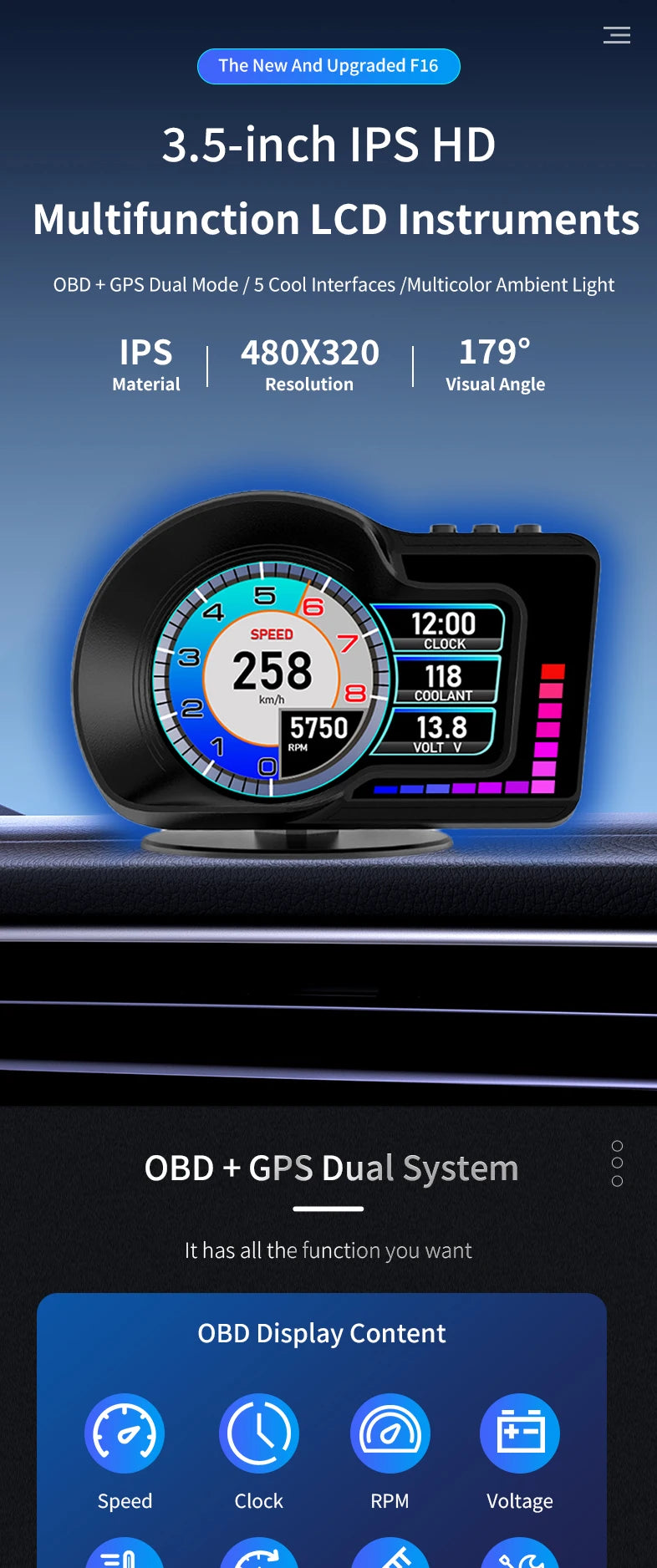 A black multifunction LCD instrument display showing speed, clock, RPM, and voltage readings.