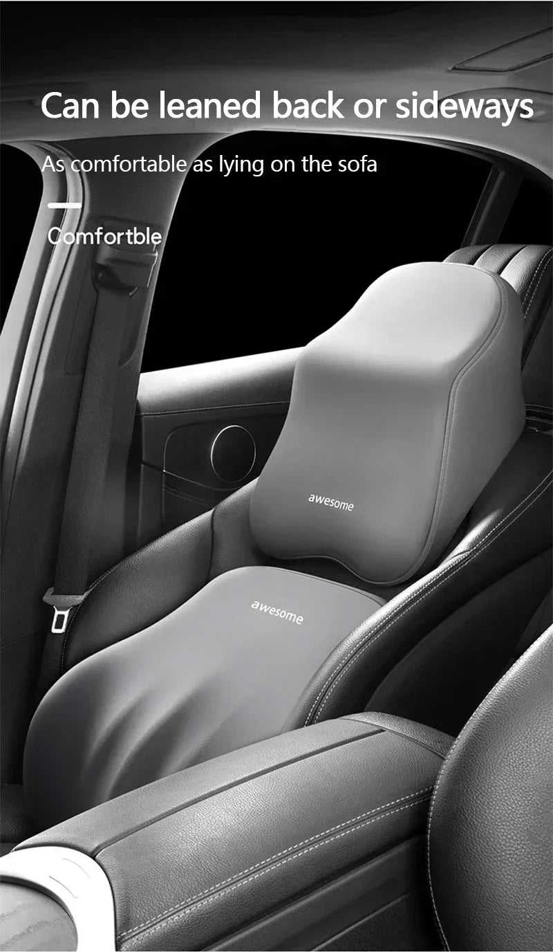 A memory foam car headrest and lumbar support pillow shown installed in a car seat, demonstrating its ability to be leaned ba