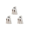 A white resin statue of a ghost with its finger raised, used as quirky Halloween decor.