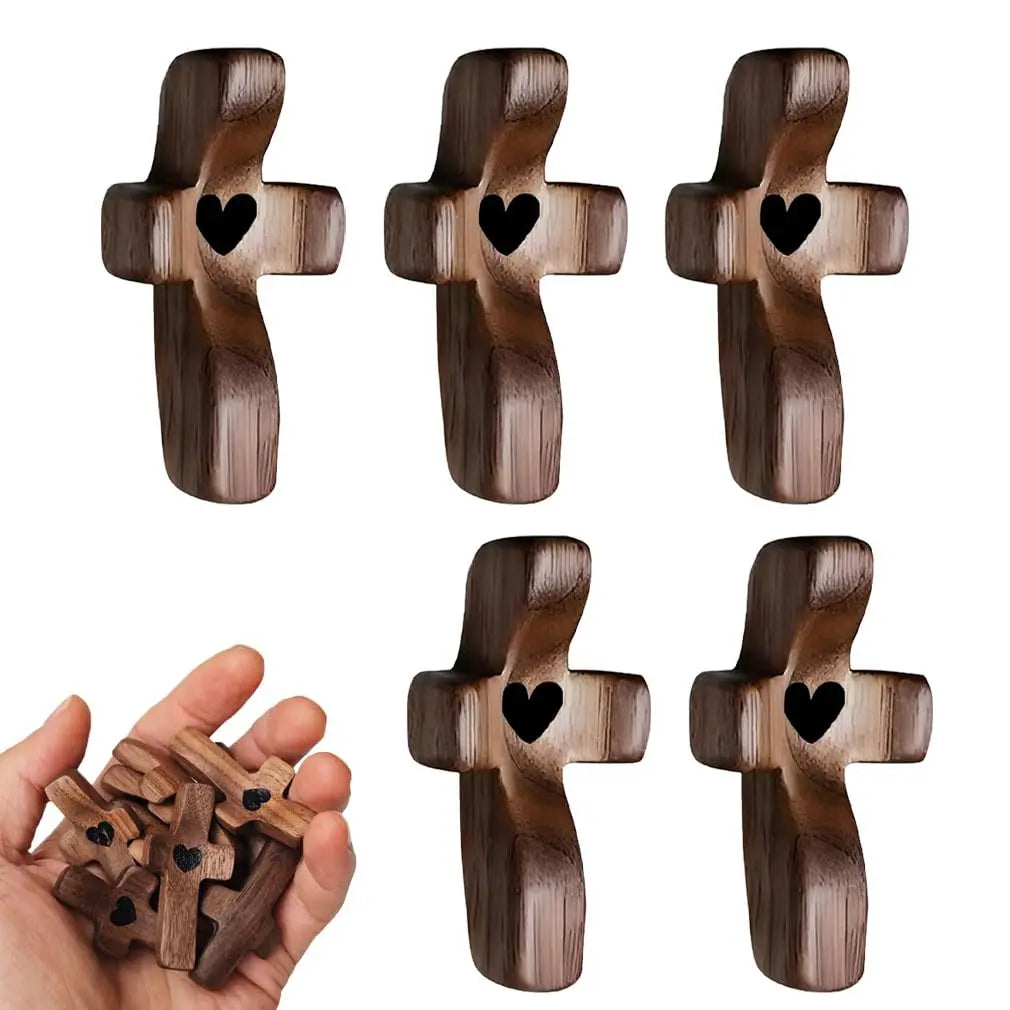 Wooden Pocket Cross with Heart Cutout