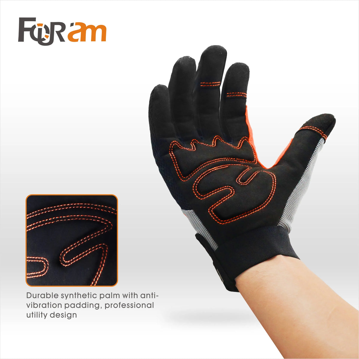 A black work glove with orange accents is shown on a wrist, highlighting its durable synthetic palm and utility design.