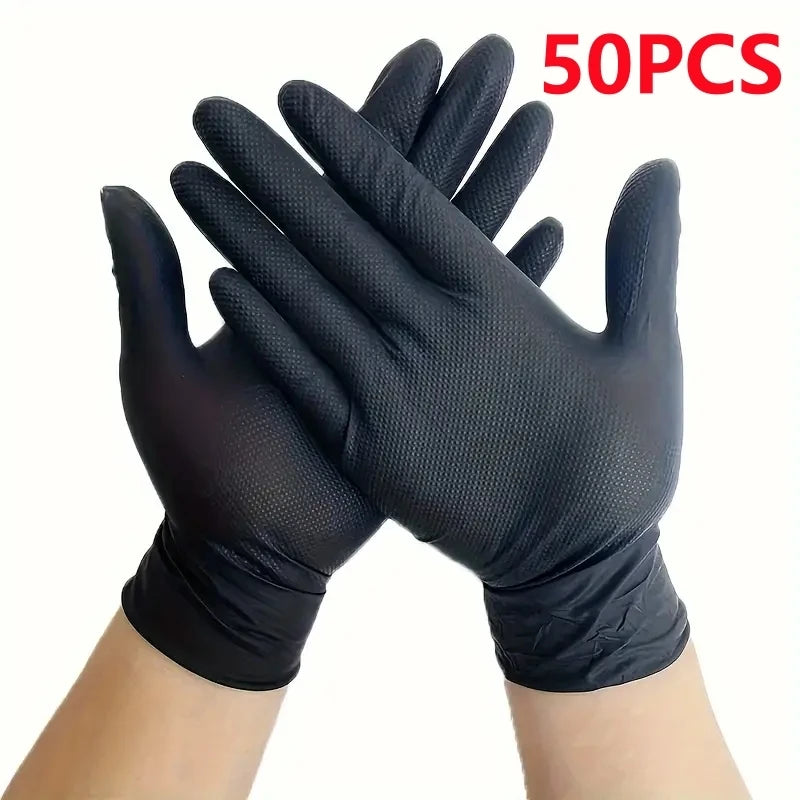 A pair of black heavy-duty nitrile disposable gloves with a diamond texture shown against a white background.