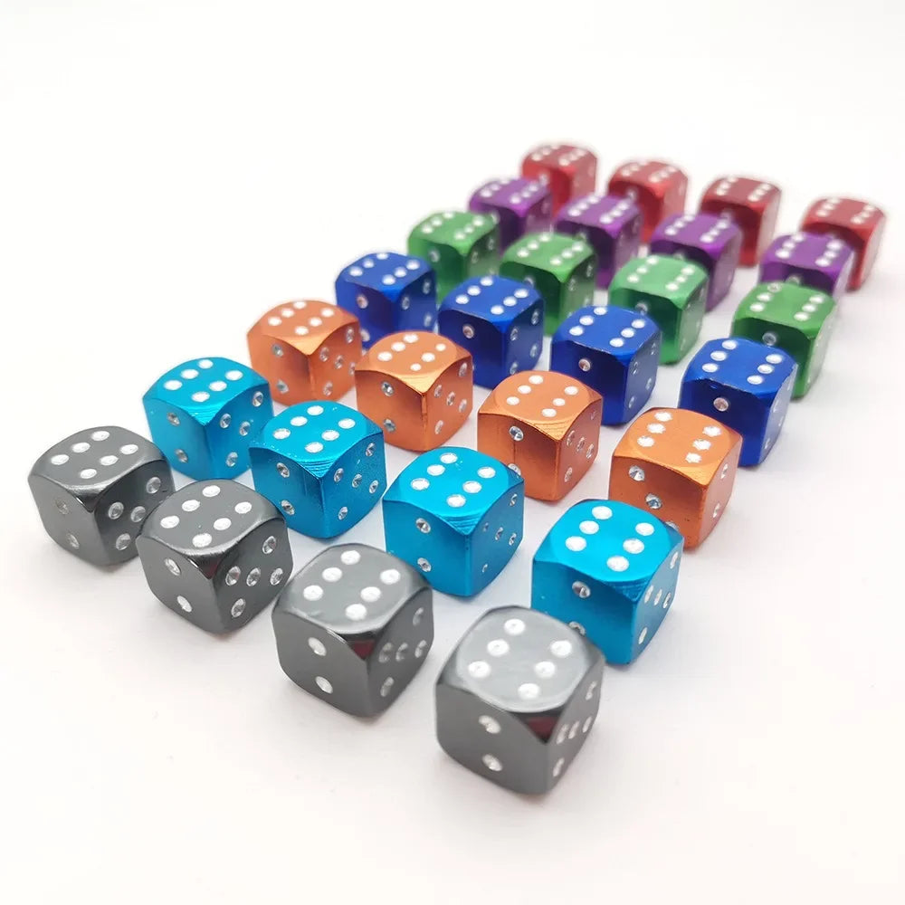 A collection of colorful aluminum alloy dice in various colors arranged diagonally on a white surface.