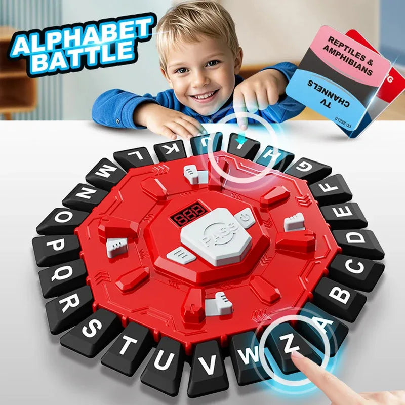A child is interacting with a red alphabet puzzle game featuring letter tiles and a digital timer.
