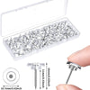 A clear plastic box holds a pack of 100 transparent thumb tacks and push pins.