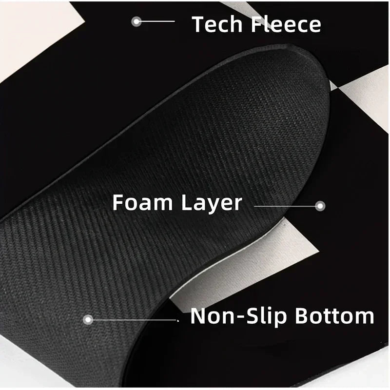 Cross-section view of a black kitchen drying mat showing layers including Tech Fleece, Foam Layer, and Non-Slip Bottom.
