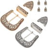 A set of vintage Western belt buckles featuring antique gold and silver designs.