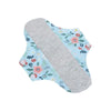 Reusable cotton menstrual pads featuring a light blue floral pattern and a gray absorbent core.