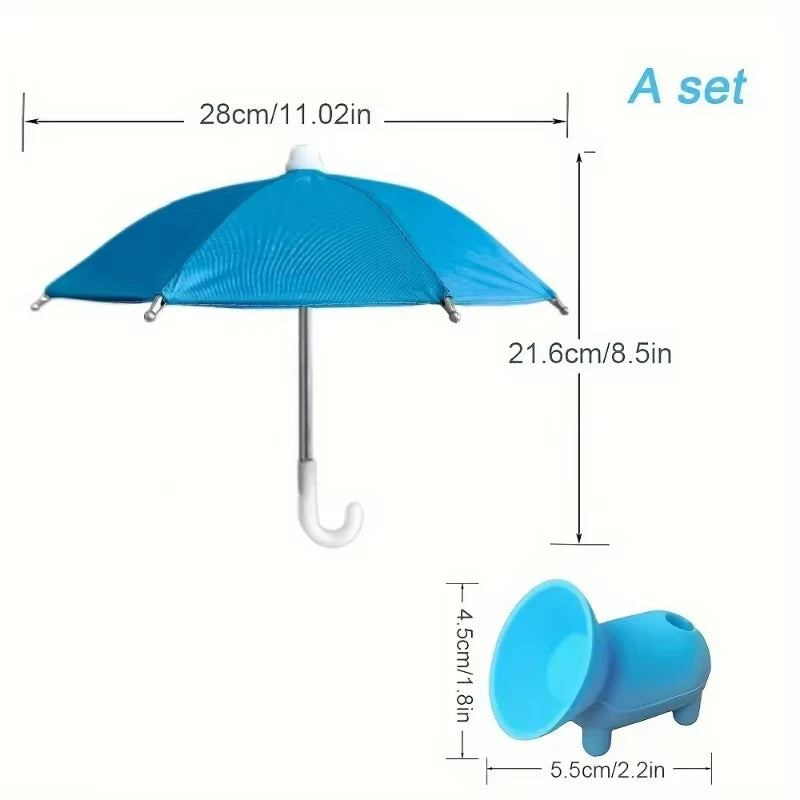 A set of blue suction cup phone umbrella stands with a canopy and base.