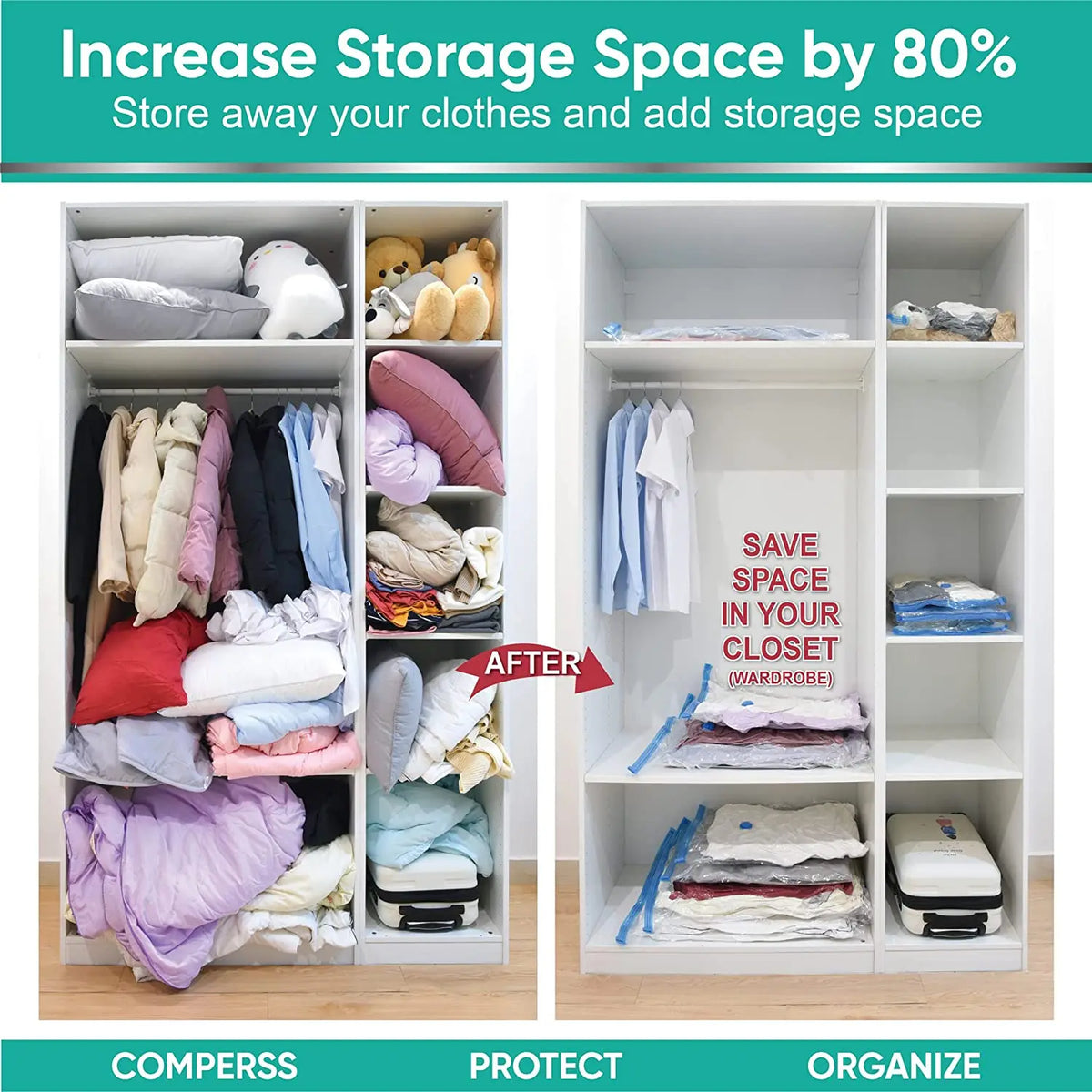 Vacuum storage bags with valve for space-saving clothes organizer showing before and after organization of a closet