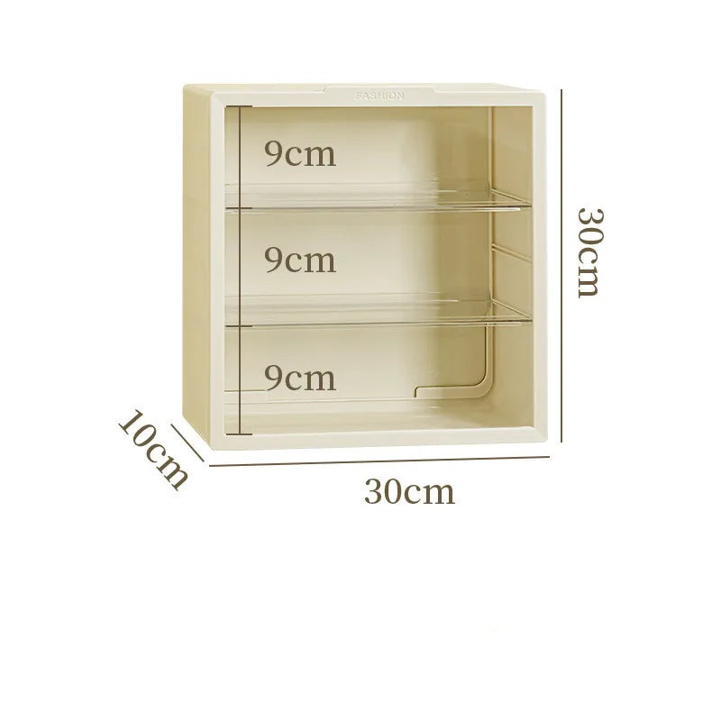 A light beige wall-mounted dustproof display case with three shelves, each measuring 9cm deep.