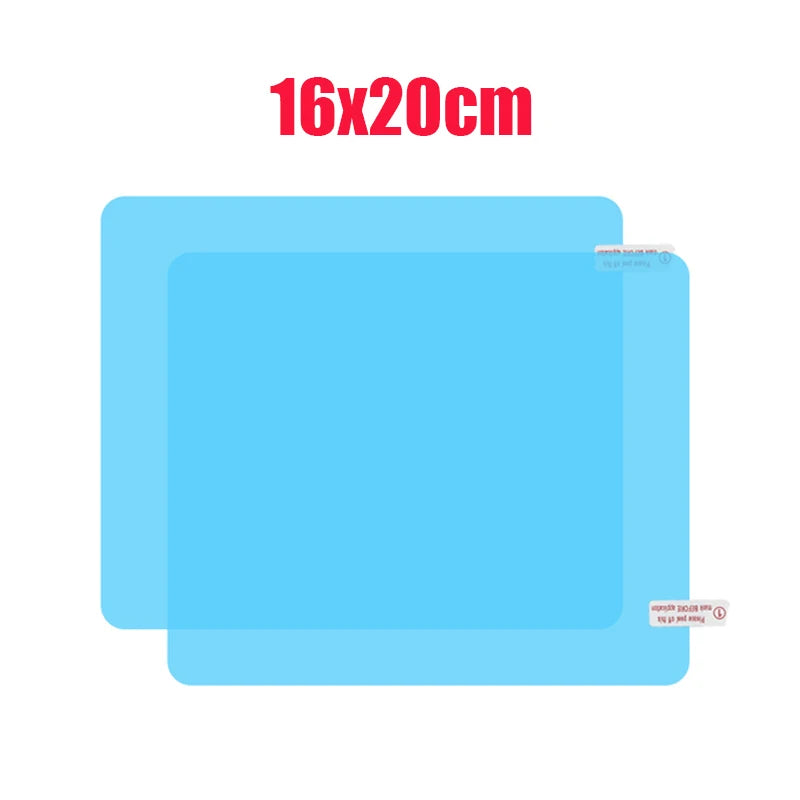 A rectangular blue film for car mirrors with anti-fog and anti-reflective coating.