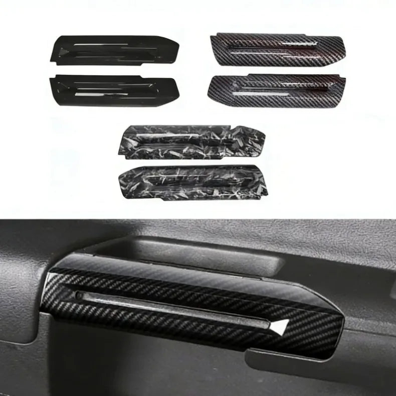 Set of carbon fiber door handle covers for Ford Mustang featuring various styles and finishes.