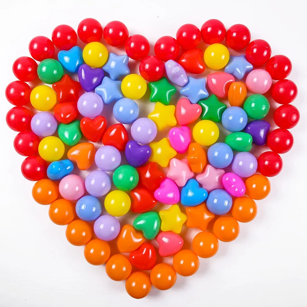 A heart shape filled with 50 colorful, non-toxic ball pit balls in various bright colors like red, yellow, blue, and green.