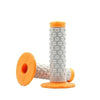 Orange and white motorcycle handlebar grips with a textured grip surface