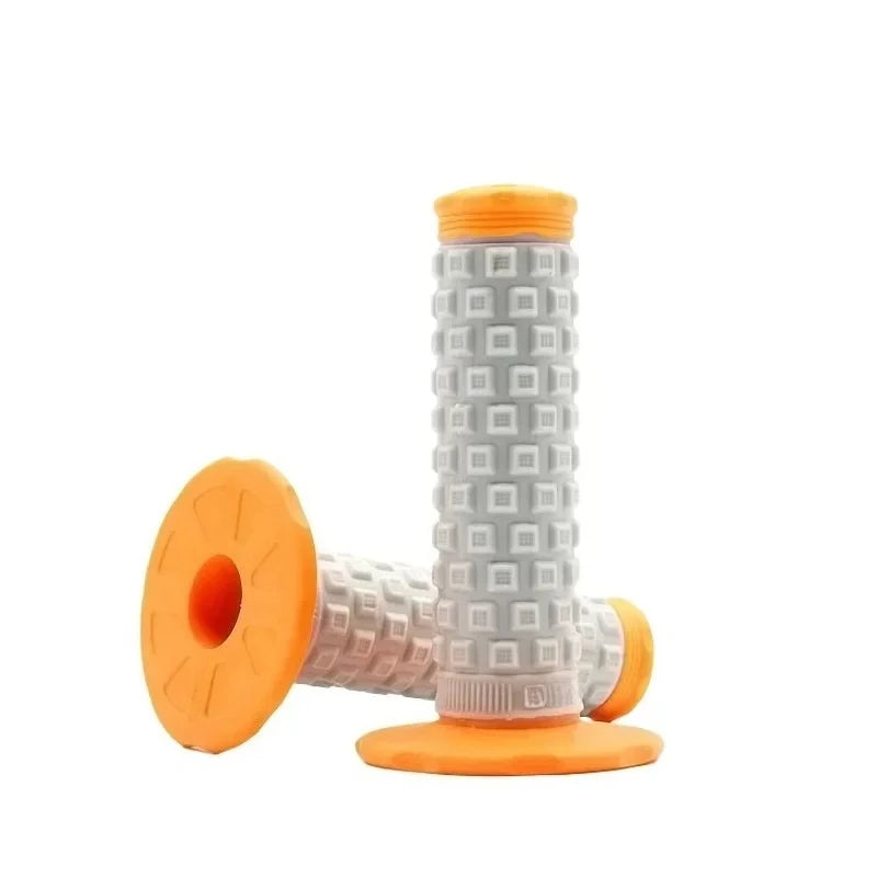 Orange and white motorcycle handlebar grips with a textured grip surface