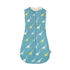 A light blue baby sleep sack featuring yellow and white dinosaur patterns.