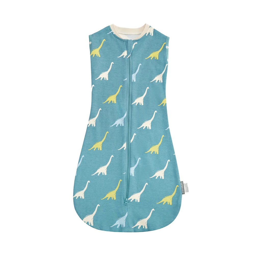 A light blue baby sleep sack featuring yellow and white dinosaur patterns.