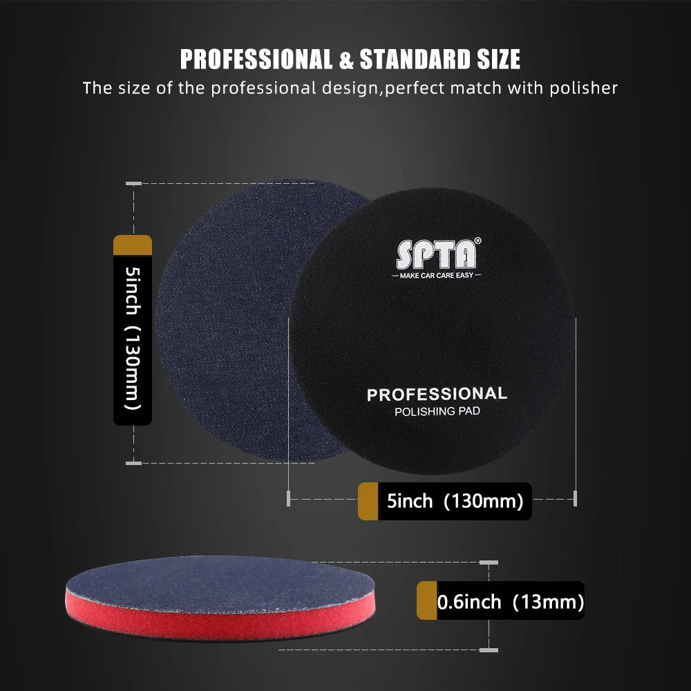 A professional polishing pad with a 5-inch diameter and a 0.6-inch rim shown next to its size reference.
