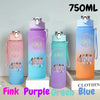 A set of five 750ml portable sports water bottles in pink, purple, green, and blue colors displayed on a white surface.