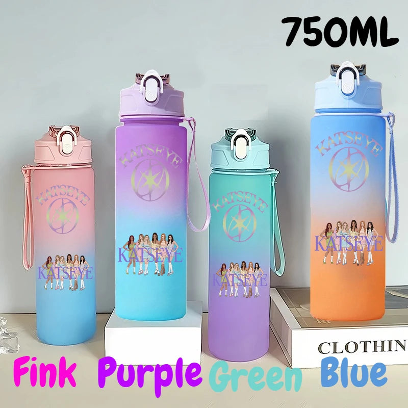 A set of five 750ml portable sports water bottles in pink, purple, green, and blue colors displayed on a white surface.