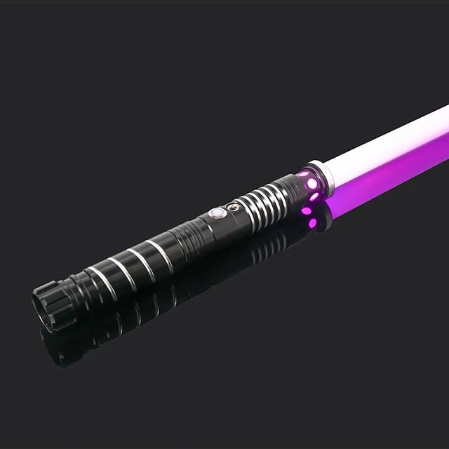 A black lightsaber with a purple glow is shown against a dark background.