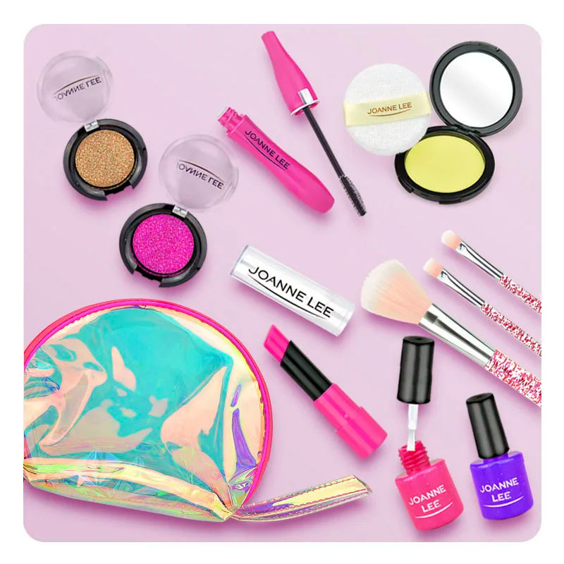 A collection of children's pretend play makeup including lip glosses, eyeshadows, and brushes in various colors.