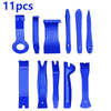A set of 11 blue auto trim removal tools and accessories for vehicle maintenance.