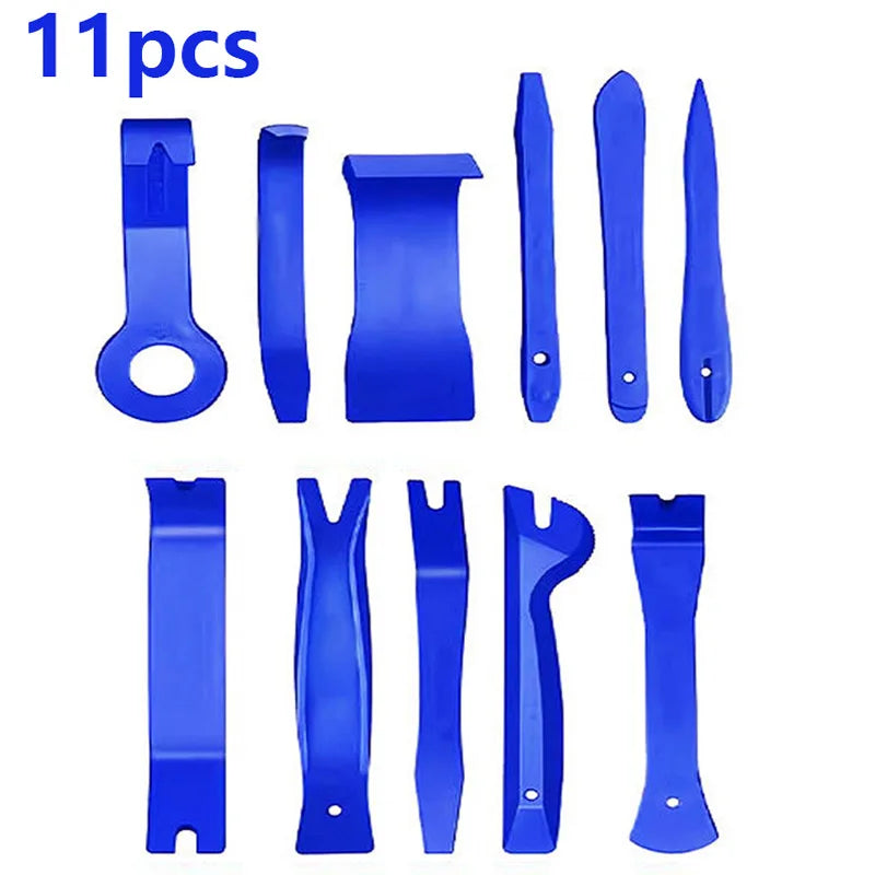 A set of 11 blue auto trim removal tools and accessories for vehicle maintenance.