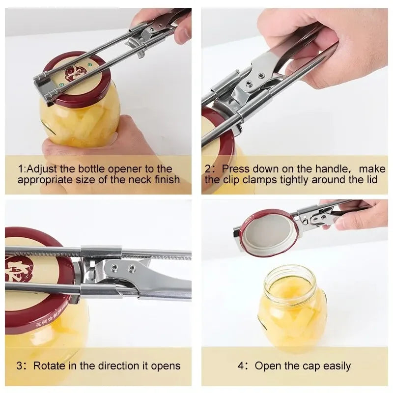 Instructions showing how to use an adjustable stainless steel jar and bottle opener for sealing jars.