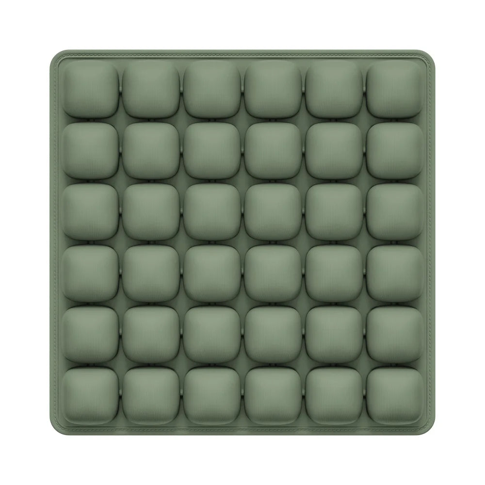 A square, olive green seat cushion designed for office, car, and travel use.