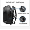 Black expandable travel laptop backpack showing features like holding a 17-inch laptop, separate bag storage, and TSA passwor