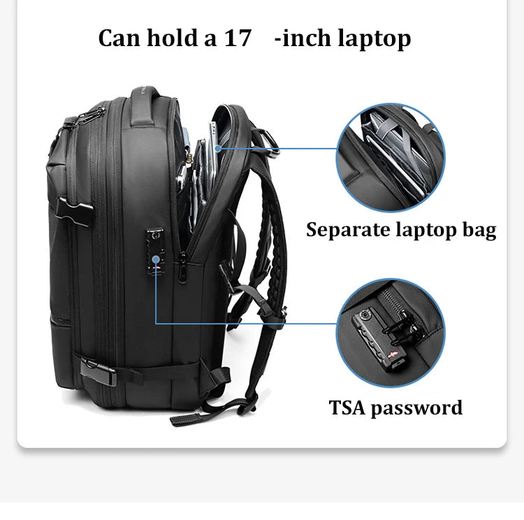 Black expandable travel laptop backpack showing features like holding a 17-inch laptop, separate bag storage, and TSA passwor