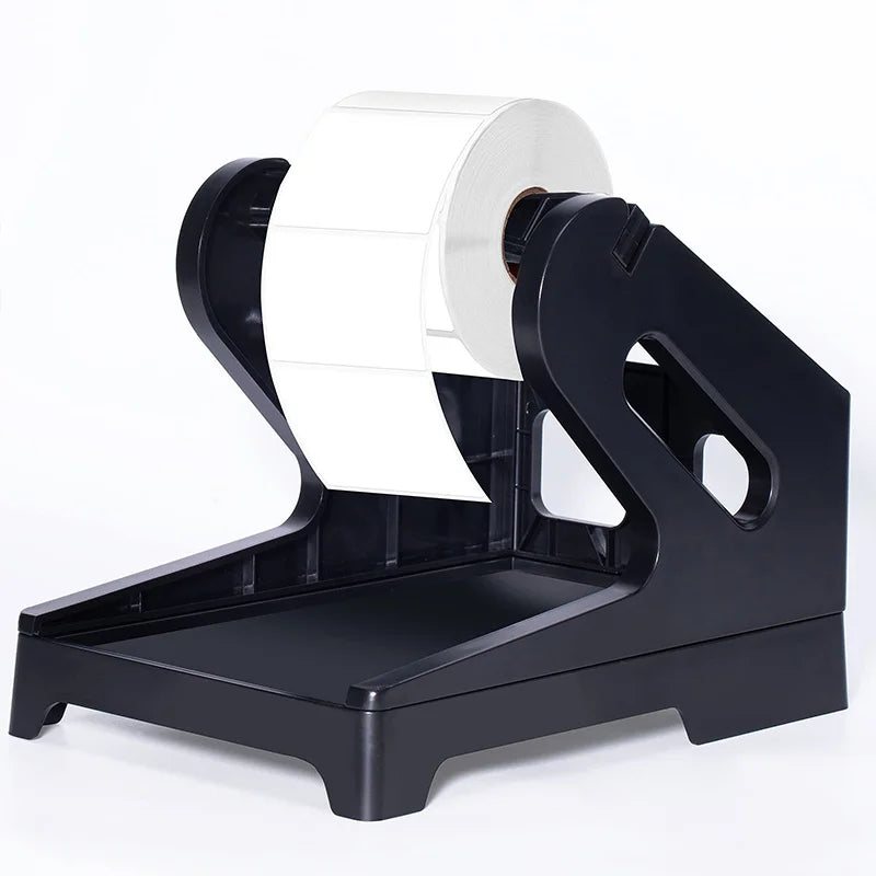 A black thermal label holder device with a white roll of labels inserted.