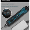 A compact cordless electric screwdriver with a blue and black grip is shown connected to a USB interface.