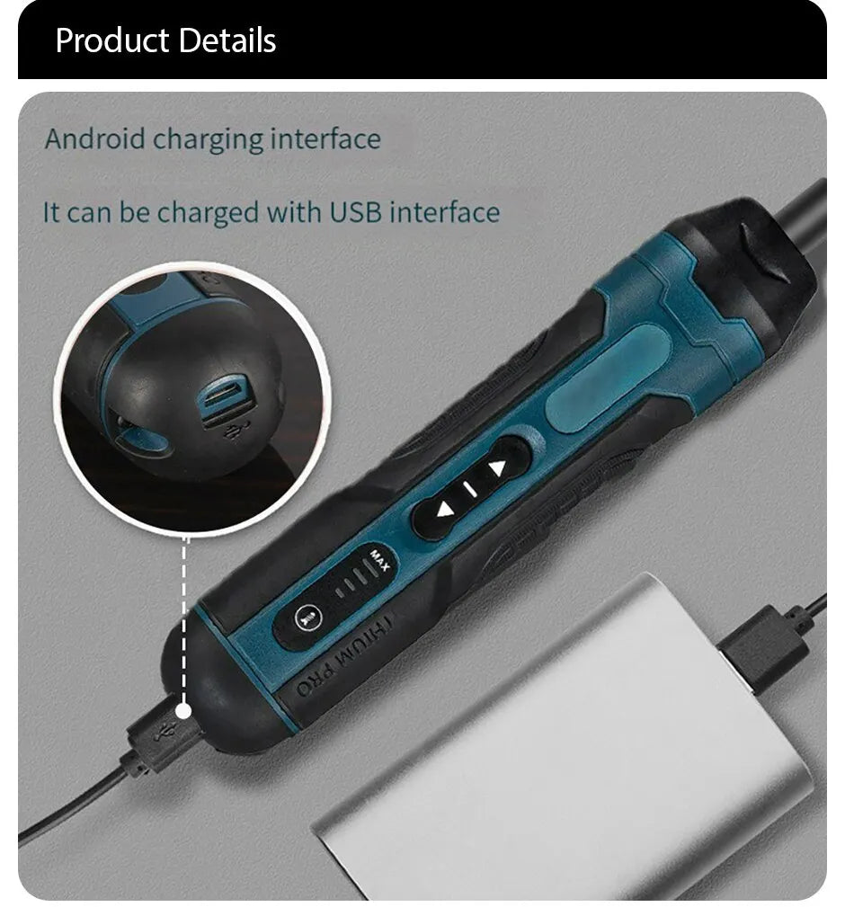 A compact cordless electric screwdriver with a blue and black grip is shown connected to a USB interface.