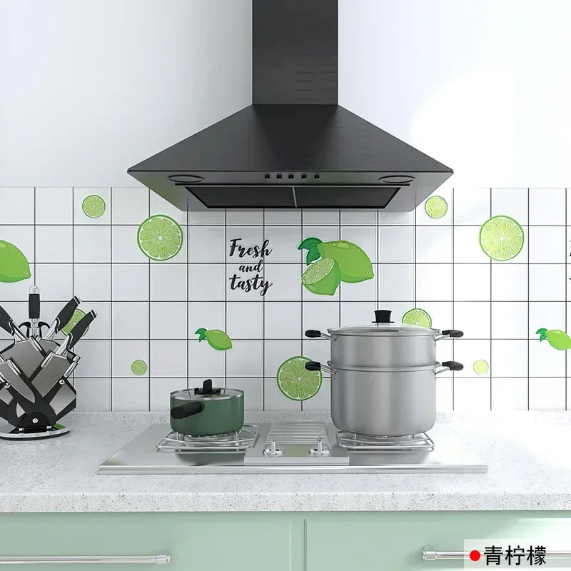 A stainless steel pot sits on a stovetop next to a black kitchen hood and a white tiled splashback.