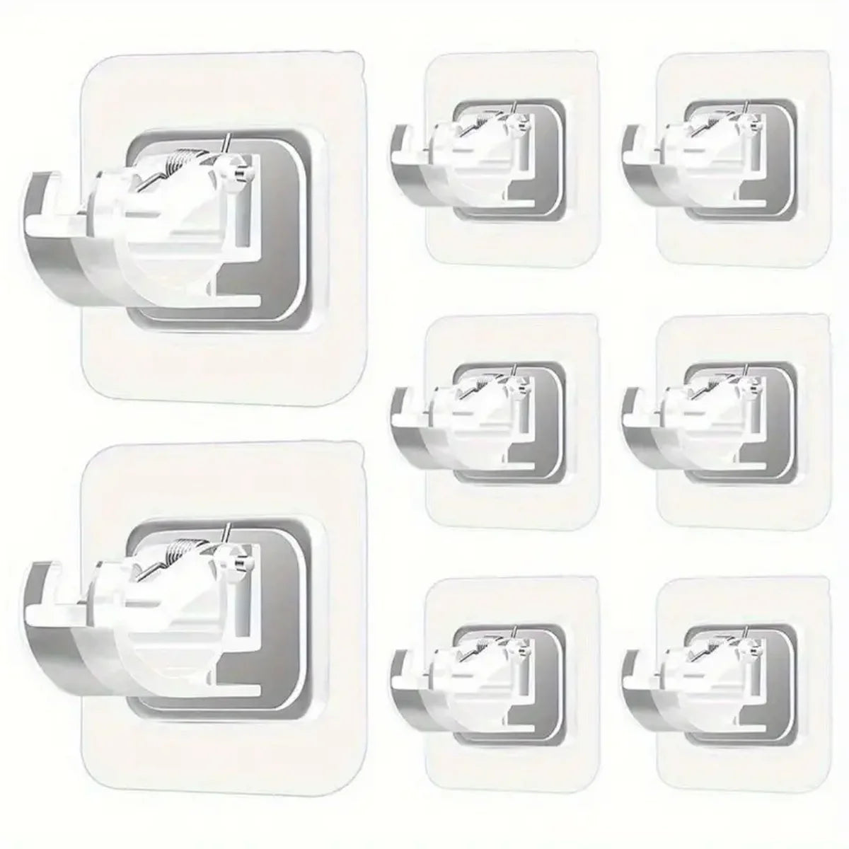 Multiple views of self-adhesive adjustable curtain rod brackets in silver and white.