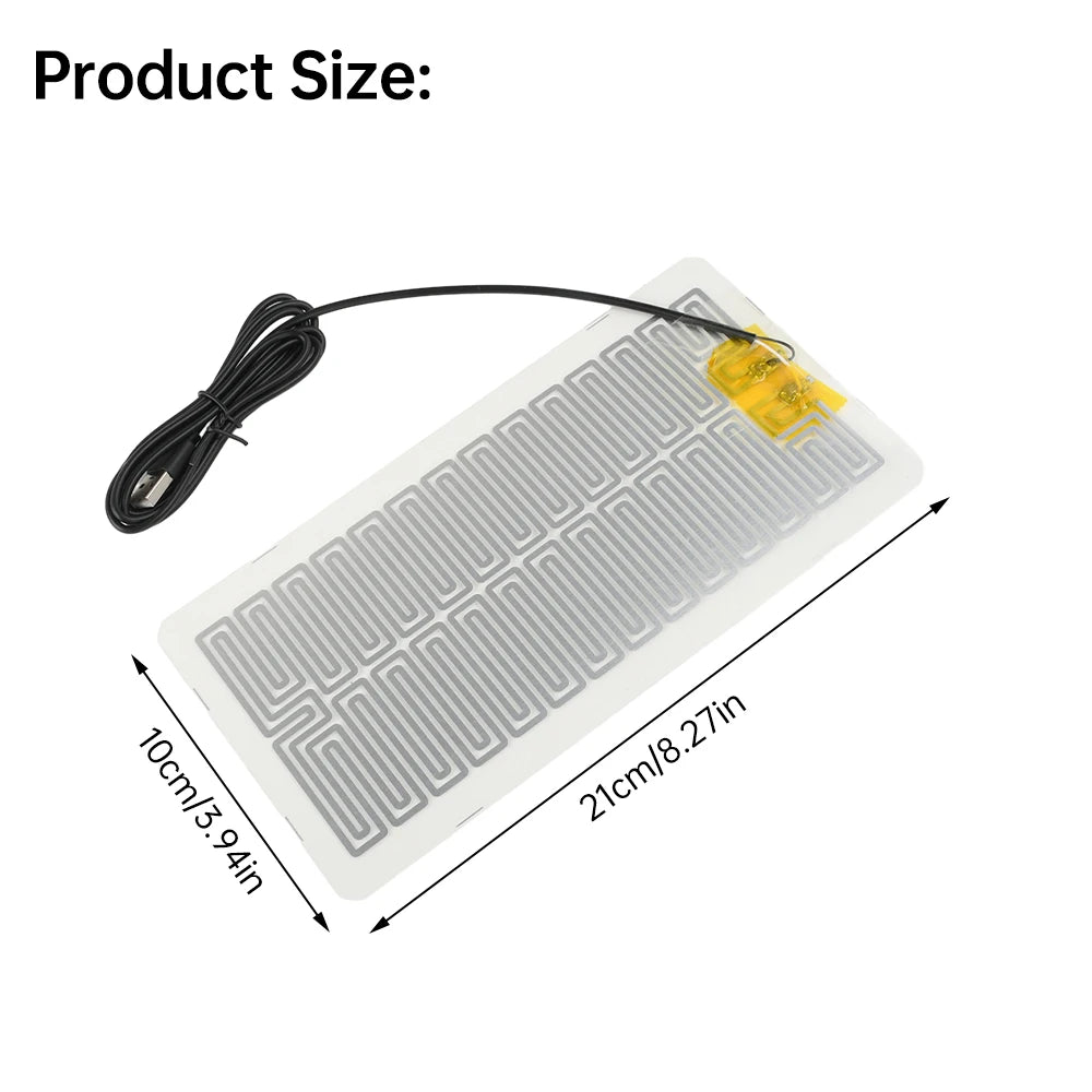 A flat, rectangular heating pad with a cord is shown, designed for desk or plant warmth.