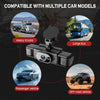 A black 360° 4-lens dashcam is shown with various vehicle types including heavy trucks, a large bus, a passenger vehicle, and