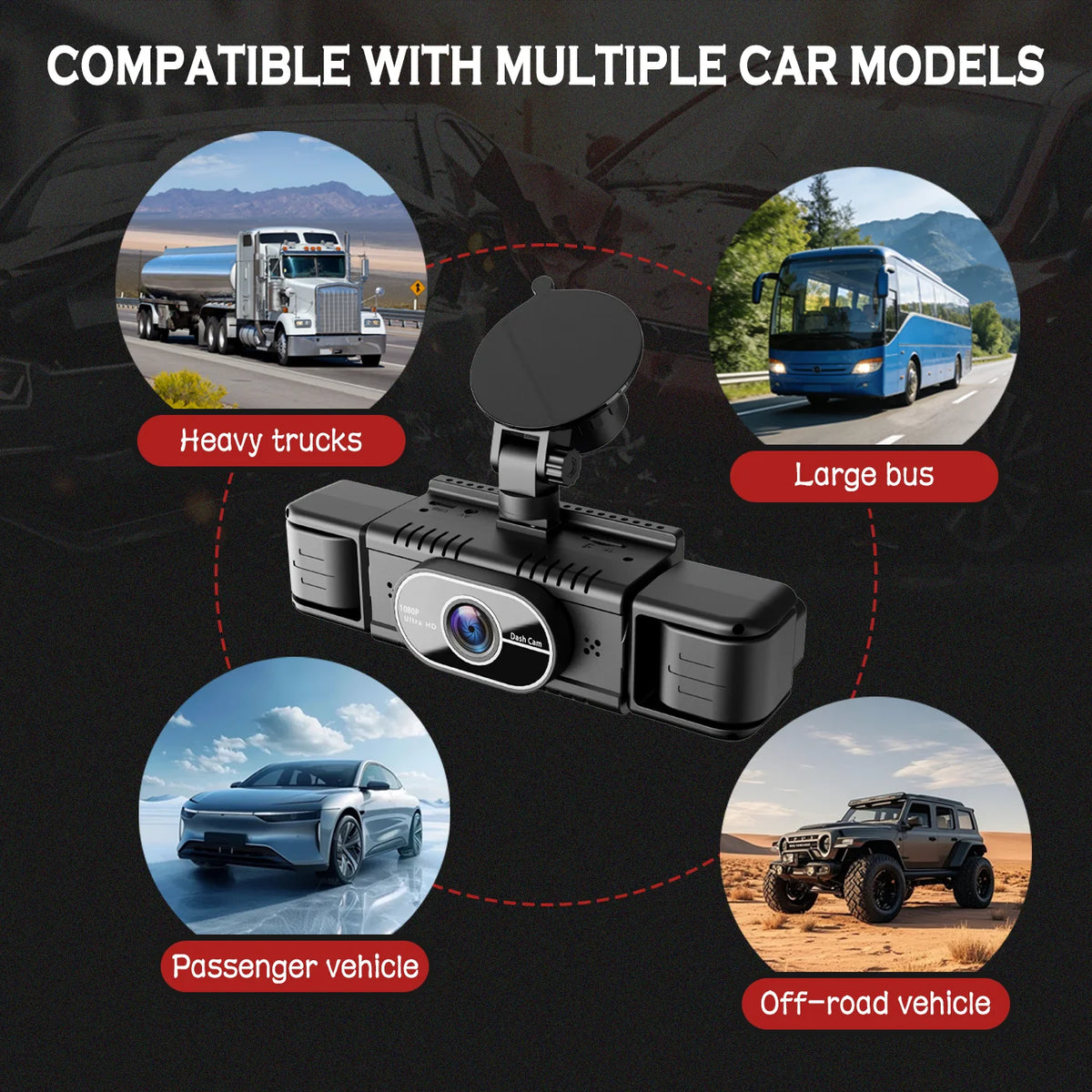 A black 360° 4-lens dashcam is shown with various vehicle types including heavy trucks, a large bus, a passenger vehicle, and