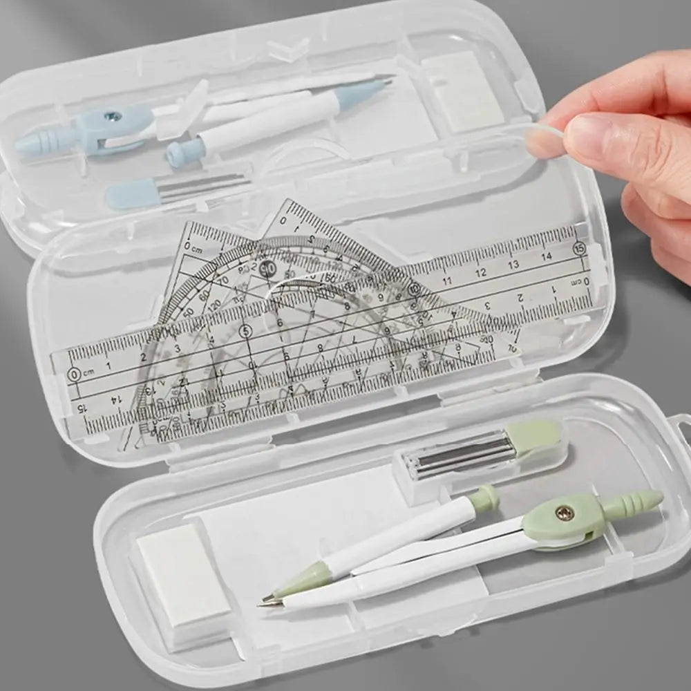 8-Piece Geometry Set – Transparent Rulers, Protractor, Compass & Eraser