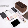 A collection of felt bag organizers and accessories including a zippered pocket, glasses, and a tablet.