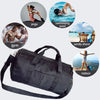 A black nylon gym and travel duffel bag shown with various activity icons.
