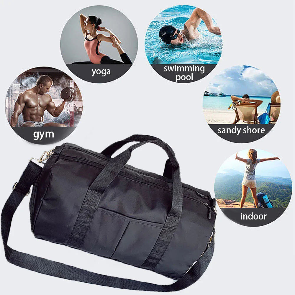 A black nylon gym and travel duffel bag shown with various activity icons.