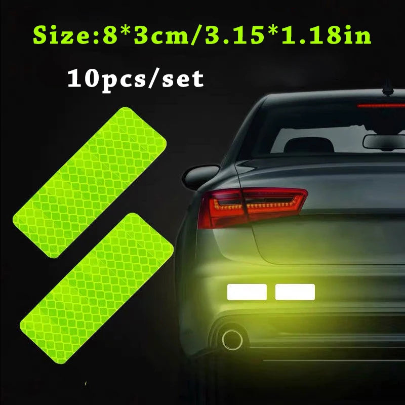 Ten reflective yellow safety strips for car visibility, shown against a dark car body.