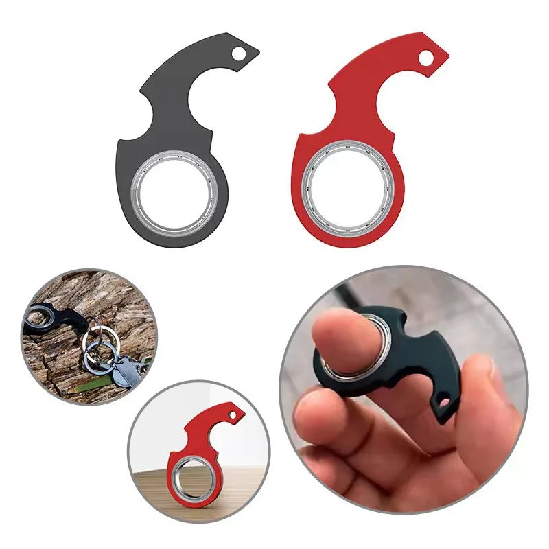 A set of metal fidget spinner keychains in black and red colors shown from various angles.