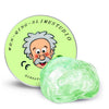 A clear green stress putty is shown next to its storage tin featuring a stylized man's face.